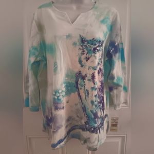 ALFRED DUNNER 3/4 SLEEVES WITH OWL & RHINESTONES  M NWT